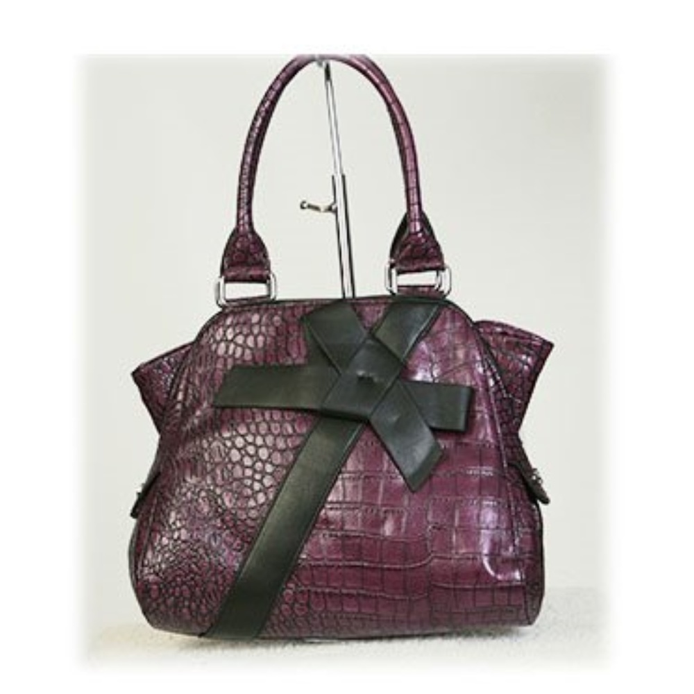 NEW Nine & Co Tote Purple Plum Alligator Pattern Handbag Black Bow Nwt